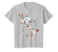 Mappa illustrata dell'Italia, Bandiera, monumenti, Città Maglietta, Bambini, Argento, 3 Anni
