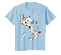 Mappa illustrata dell'Italia, Bandiera, monumenti, Città Maglietta, Bambini, Celeste, 6 Anni