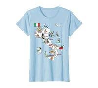 Mappa illustrata dell'Italia, Bandiera, monumenti, Città Maglietta, Donna, Celeste, 3XL