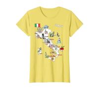 Mappa illustrata dell'Italia, Bandiera, monumenti, Città Maglietta, Donna, Limone, L