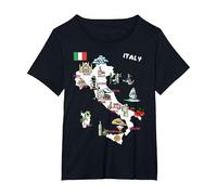 Mappa illustrata dell'Italia, Bandiera, monumenti, Città Maglietta, Donna Plus-Size, Nero, 4X