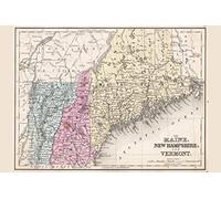 Mappa laminata del Maine New Hampshire e Vermont 1867, mappa del mondo di viaggio in stile antico con città in dettaglio, poster per mappe da parete, illustrazione geografica, poster cancellabile a