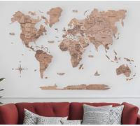 Mappa Mondiale In Legno Marrone Appesa Scultura Dimensionale 47" X 79"