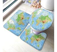 Mappa Set di tappetini da bagno Mappa del mondo Paese Stato Terra Montagna Oceano Terra Tappetino da bagno 3 pezzi Tappeto Coprisedile copriwater Tappetino antiscivolo Tappetino antiscivolo Verde Bl