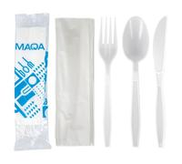 MAQA 100 Kit Posate Riutilizzabili in CPLA - Forchetta, Coltello, Cucchiaio e Tovagliolo 2 Veli - Imbustati Singolarmente - Compostabili e Certificati per Uso Alimentare - Ideali per Eventi, Catering
