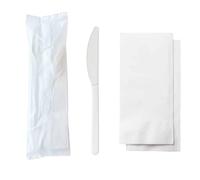 MAQA 100 Set Coltello Bianco Riutilizzabile e Tovagliolo 33x33 cm - Posate Imbustate Singolarmente per Catering, Eventi, Take Away, Horeca