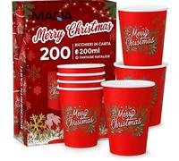 MAQA - 200 Bicchieri Acqua Carta Natalizi -Merry Christmas- 200ml, Biodegradabili e Compostabili - Bicchieri Carta Monouso Eco-Friendly per Bevande Calde e Fredde - Ideali Per Natale