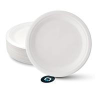 MAQA 50 Piatti Piani Biodegradabili e Compostabili Ø 23 cm - Piatti Bianchi In Polpa di Cellulosa 100% Bio - Resistenti a Caldo e Liquidi - Piatti Ecologici per Feste, Barbecue, Casa e Eventi