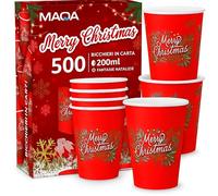 MAQA - 500 Bicchieri Acqua Carta Natalizi -Merry Christmas- 200ml, Biodegradabili e Compostabili - Bicchieri Carta Monouso Eco-Friendly per Bevande Calde e Fredde - Ideali Per Natale