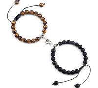 MAQDDO Braccialetti di distanza 2 pezzi/set perline pietra braccialetto intrecciato amanti cuore magnete regolabile amico gioielli per Decorazione(Matte-Tiger Eye)
