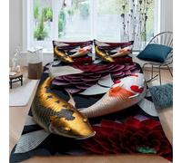 MAQUE Copripiumino Matrimoniale 260x240 Carpa gialla Carpa bianca Copripiumini in Microfibra per Adulti, 3d Set Biancheria da Letto con Cerniera, 1 Copri Piumino 260x240 e 2 Federe 50x80