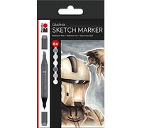 Marabu 0148000000101 - Set di 6 pennarelli Sketch Graphix Alpha Robot, con punta a scalpello da 1-7 mm e punta fine da 1 mm, brillante, ad asciugatura rapida, a base di alcol, inodore e impermeabile