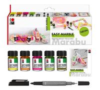 Marabu 1305000000080 Easy Marble Neon Set, 5 colori + pennarello permanente, vernice per marmorizzare facilmente plastica, vetro, legno, polistirolo e marmorizzazione superficiale di carta
