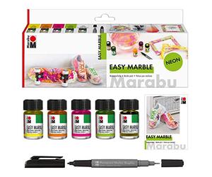 Marabu 1305000000080 Easy Marble Neon Set, 5 colori + pennarello permanente, vernice per marmorizzare facilmente plastica, vetro, legno, polistirolo e marmorizzazione superficiale di carta