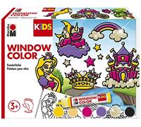 Marabu 306000000005 - Set di Colori per finestre Kids Princess, 6 Colori per finestre a Base d'Acqua da 25 ml, 2 stampini A3 e A4, 30 Motivi, per Bambini dai 3 Anni in su