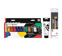 Marabu Artist Acryl, Starter Pack, 120 ml di bianco titanio e 12 x 22 ml, colori acrilici fini di qualità artistica, incluso set di pennelli Basics con 4 pennelli di dimensioni 16, 14, 8 e 6