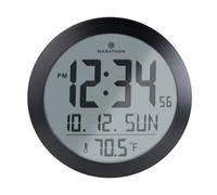 Marathon Miami - Orologio da parete digitale rotondo silenzioso, termometro integrato, fissaggio a parete o supporto per ufficio, grande visualizzazione del calendario, numeri grandi, colore: nero,