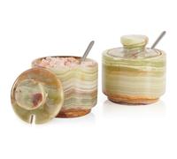 MARBLOUS KRAFTS Saliera in marmo con coperchio e cucchiaio, 7,6 cm, in pietra verde, per la conservazione del piano di lavoro della cucina, set decorativo di 2 contenitori per condimenti, barattoli