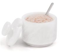 MARBLOUS KRAFTS Saliera in marmo con coperchio e cucchiaio, 90 cm, bianco, piccolo contenitore per sale, barattolo per condimenti, piano di appoggio per spezie, ideale per sale e zuccheriera