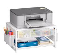 Marbrasse 2-Livelli Supporto per Stampante,Supporto per Portaoggetti Monitor con Cassetto 2 Porta Penne,Organizer per Ufficio in Metal,Organizzatore da Scrivania per Fax,PC,Scanner(Bianco)