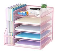 Marbrasse Organizer Scrivania Accessori,5-Livelli Organizer Ufficio,Porta Documenti Organizzatore in Rete per Scrivania, Ufficio Portaoggetti Scrivania Casa(Rosa)