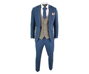 Marc Darcy Abito 3 Pezzi Scacchi da Uomo in Tweed Vintage Elegante Slim Fit Blu 34UK, 44IT