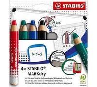 STABILO MARKdry - Marcatore per lavagna bianca e a fogli mobili - Astuccio da 4 con temperino e panno - 4 colori assortiti