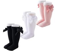 Marchare Calze alte al ginocchio per neonate e bambine, calze in cotone per uniformi e abiti, confezione da 5, 0-5T, Nero/Bianco/Rosa_Confezione da 3, 0-3 Months
