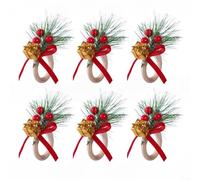 Marchfunny Portatovaglioli decorativi, collezione vacanza, 6 pezzi, con rametti di pino sintetico, bacche rosse, accenti dorati, legati con nastro di raso rosso, diametro interno di 3 cm (scatola
