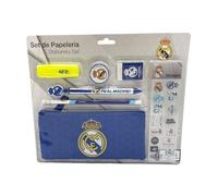 Marchi CyP - Real Madrid, set di cancelleria, ortatodo, matita, gomma, temperamatite, penna a sfera, evidenziatore, adesivi, colore blu, prodotto ufficiale