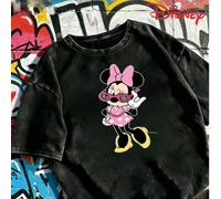 Marchio Disney, stile classico da ragazza dolce; design con stampa di Minnie Mouse, classico IP Disney, lavaggio pesante per rendere vecchio tessuto di cotone nero da donna casual Joker T-shirt consig