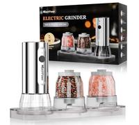 Marchpower Macina Sale e Pepe Elettrico Set, Inossidabile Macina Pepe Elettrico con Base Usb-C Ricaricabile, Regolabili Macina Sale Elettrico con Lampade A Led y Contenitore Lavabile da 100 Ml Argento