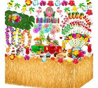 MarckersHome 115 Pezzi Gonna Tavolo Hawaiana Tovaglia Set,Foglie di Palma Fiori Cake Topper,ghirlande Luau banner e Cannucce di Frutta per Il Partito Decorazioni