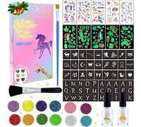 MarckersHome Kit Di Tatuaggi Glitterati Tatuaggio Temporaneo,12 Colori Glitter con 57 Stencil,Modello di sirena unicorno,tatuaggio luminoso per Bambini Adulti Festa Carnevale Regalo Ragazzo Ragazza