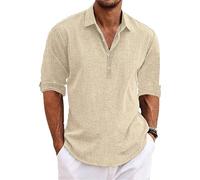 Marco Luca - Camicia classica da uomo, in lino, a maniche lunghe, con risvolto, con bottoni, camicie Ffmani, vestibilità larga, estate, cachi, L