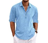 Marco Luca Camicia Classica Lino Uomo Manica Lunga Casual Spiaggia Camicia Estate Casual Vacanza Abbottonatura Risvolto Camicie, Blu, XXL
