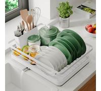 Marctani Scolapiatti da Appoggio per Lavello ACCIAIO INOX - Scola Piatti da Cucina di ALTA CAPACITÁ - Colapiatti Removibile con Scarico 360º ESTENSIBILE (1L Bianco)