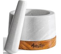 MarcZero Grande set di mortaio e pestello con base in legno antigraffio, mortaio e pestello da 15 cm in marmo naturale (bianco)