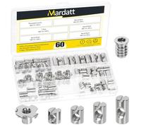 Mardatt 60 dadi a barilotto M6 x 10/12/15/20 mm, in acciaio al carbonio nichelato argento, tasselli a croce scanalati, inserti filettati M6 x 15 mm con kit di dadi a T M6 x 10 mm, per viti per mobili