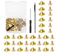 Mardatt Set di 100 punte e borchie a cono dorate da 10 mm, con perforatrice e cacciavite, altezza 4,7 mm, borchie a cono, borchie punk e punte per fai da te in pelle