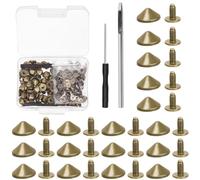 Mardatt Set di 100 punte e borchie a cono in bronzo da 10 mm, con perforatrice e cacciavite, altezza 4,7 mm, borchie punk, per fai da te in pelle