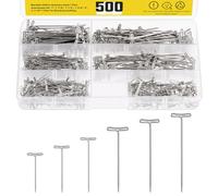 Mardatt Set di 500 spilli a T in acciaio inox di 6 misure con scatola di plastica, 1-1/4", 1-1/2", 1-3/4", 5,1 cm, 5,3 cm, parrucca, spilli da cucito, spilli lunghi e dritti per bloccare lavori a