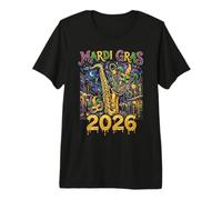Mardi Gras 2026 Jazz New Orleans Sassofono Masquerade Art Maglietta Premium