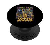 Mardi Gras 2026 Jazz New Orleans Sassofono Masquerade Art PopSockets PopGrip Adesivo
