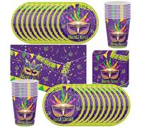 Mardi Gras Mask Party Tableware, 61 Pezzi di Decorazione da Tavolo Per Feste, Tra Cui Tazze, Piatti, Tovaglioli, Tovaglie, Adatto Per Una Festa di Mardi Gras per 20 Persone