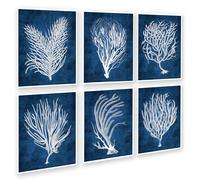 Mare Corallo Spiaggia Decorazione Arte Stampe Set of6 Navy Sfondo Parete Bagno