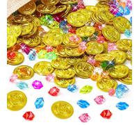 MARFOREVER Set di 246 monete d'oro da pirata, 145 pietre preziose con 100 monete d'oro, per bambini e pirati, per Halloween, pirati, decorazione per il compleanno dei bambini, scrigno del tesoro