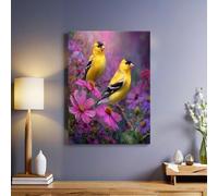 Margherita Viola Quadro su Tela Fiori e lucherino 70 x 50 cm Stampa Artistica Moderna con Cornice Pronto da Appendere per Soggiorno Camera da Letto Cucina Bagno Ufficio