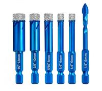 Marhynchus Set di Punte per Piastrelle a Secco da 6 Pezzi, Adamas Brasato | 12, 10, 8, 6 Mm + 6 Mm Croce, Foratura a Secco Lubrificata con Cera, Grana Diamantata Brasata Sottovuoto, Adatto per