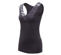 Maria Angel canottiera da donna in cotone tinta unita con spalline larghe, design del collo con bordi in pizzo, canotta camisole, Nero , 50-52